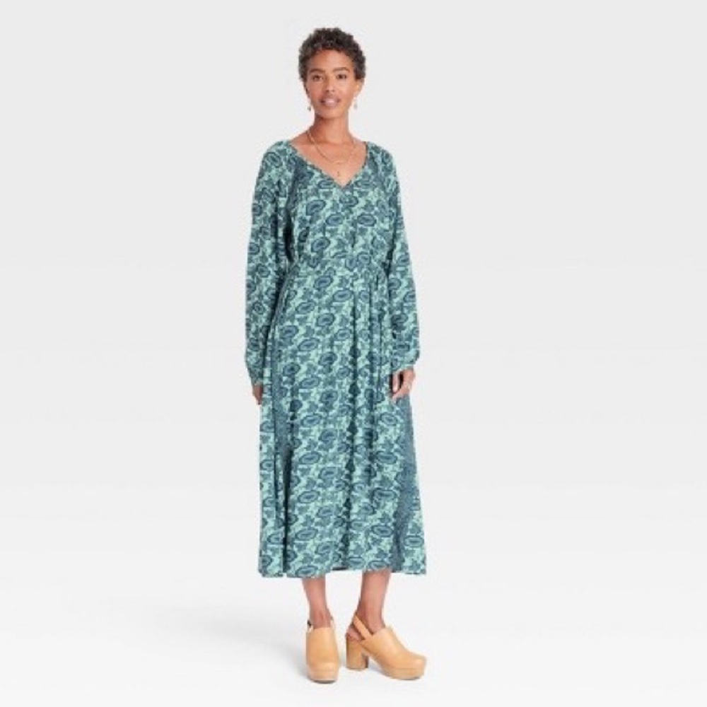 Knox Rose blue print floral bohemian maxi dress womens L